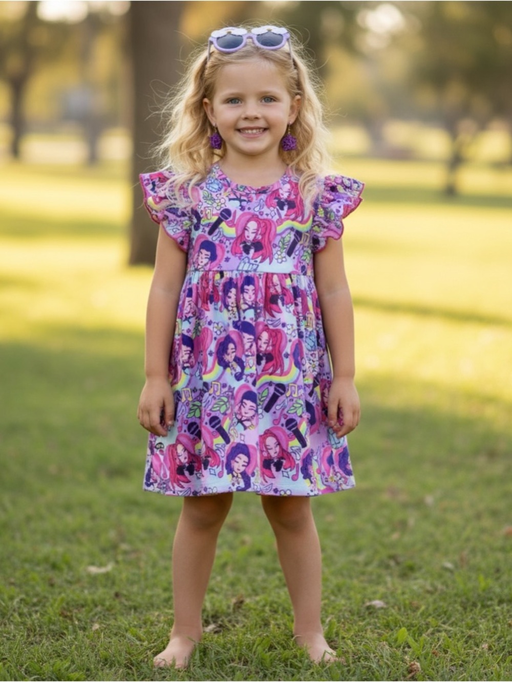 New Boutique K-Pop Demon Hunters Huntrix Girls' Flutter-Sleeve Twirl Casual Dres